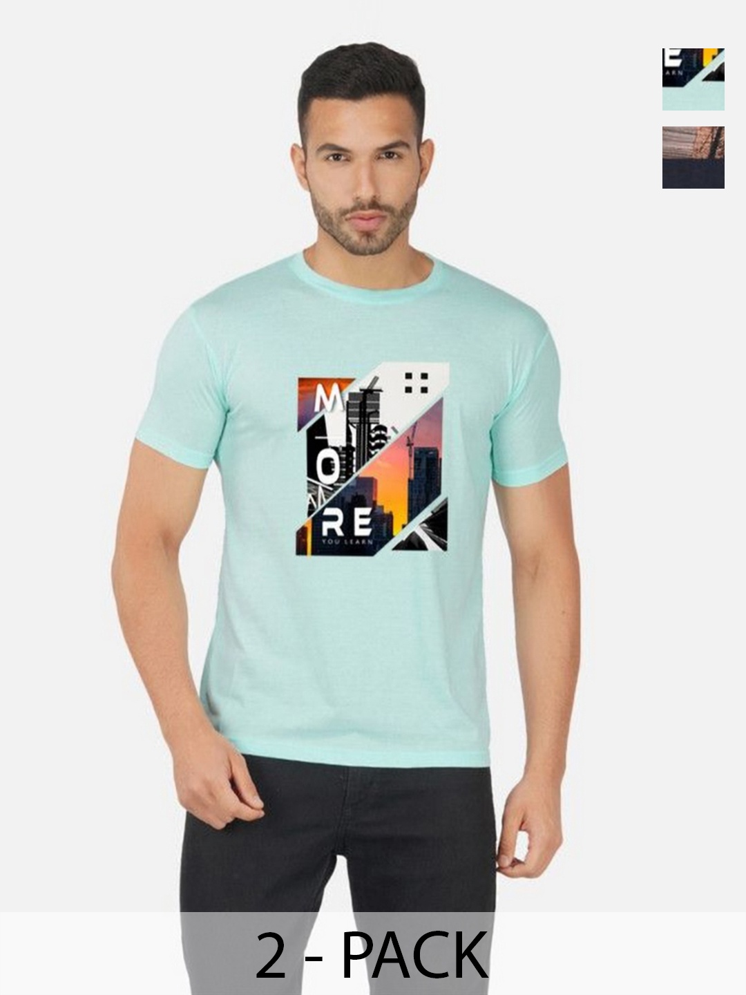 

GLOBAL NOMAD Men 2 Printed Bio Finish Applique T-shirt, Turquoise blue