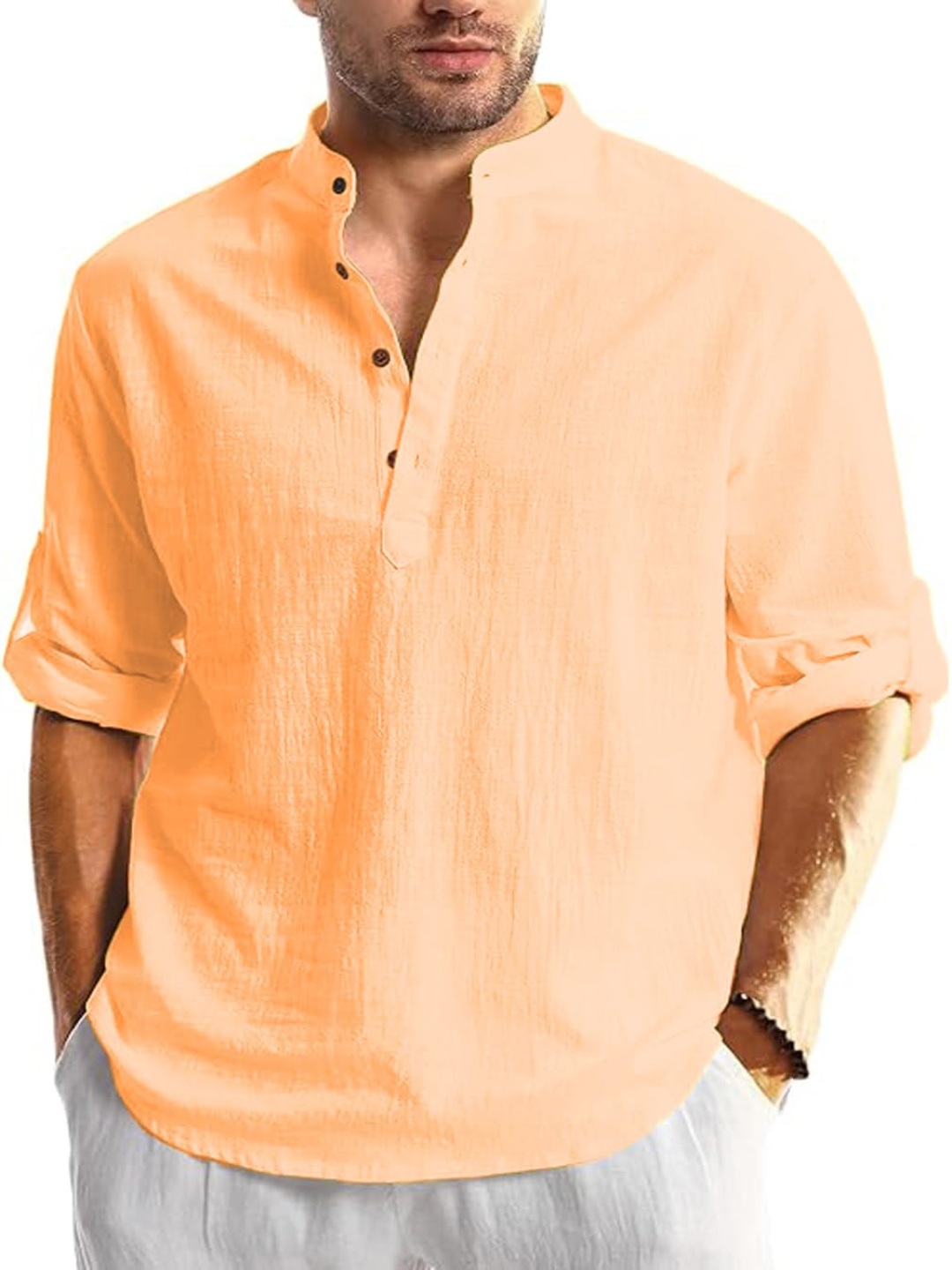 

EdinWolf Band Collar Roll-Up Sleeves Cotton Straight Kurta, Orange
