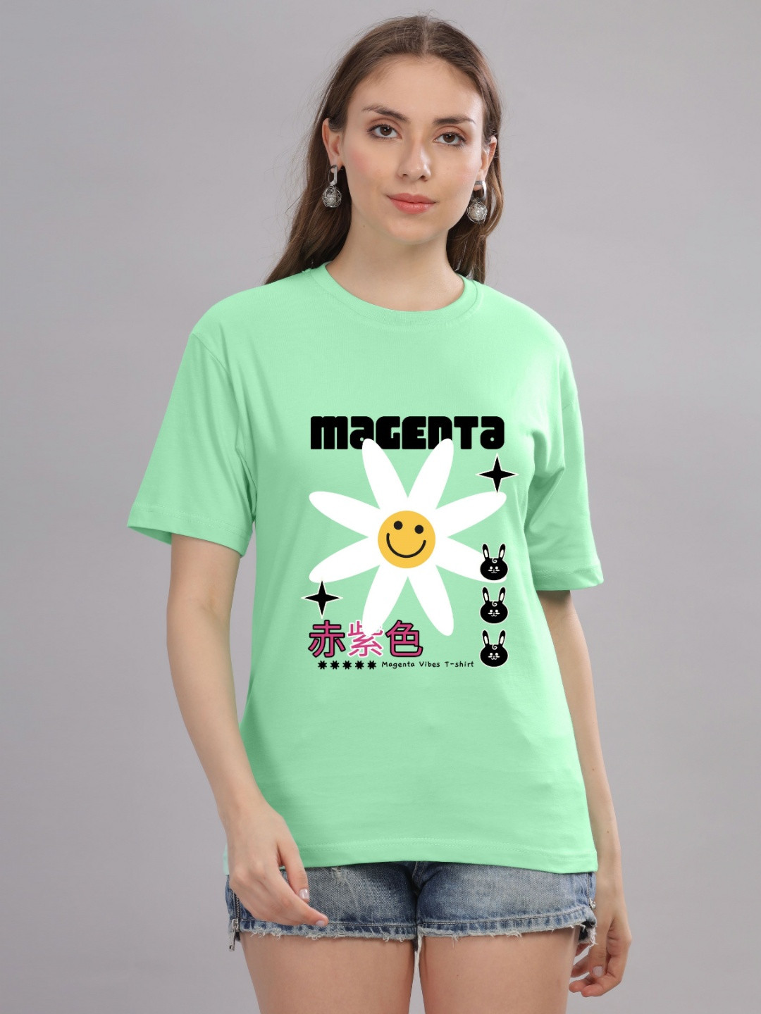 

FALTU.CO Women Printed Drop-Shoulder Sleeves Pure Cotton T-shirt, Sea green