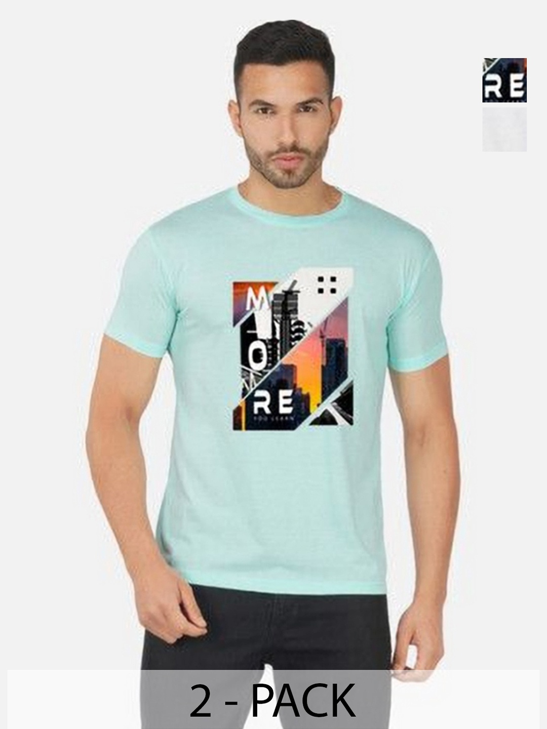 

GLOBAL NOMAD Men 2 Printed Bio Finish Applique T-shirt, Turquoise blue