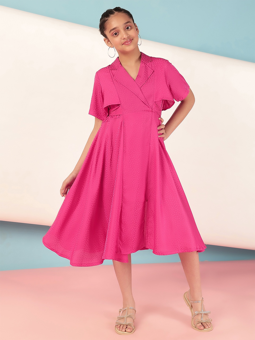 

Antheaa Flared Sleeve Layered Midi Dress, Pink