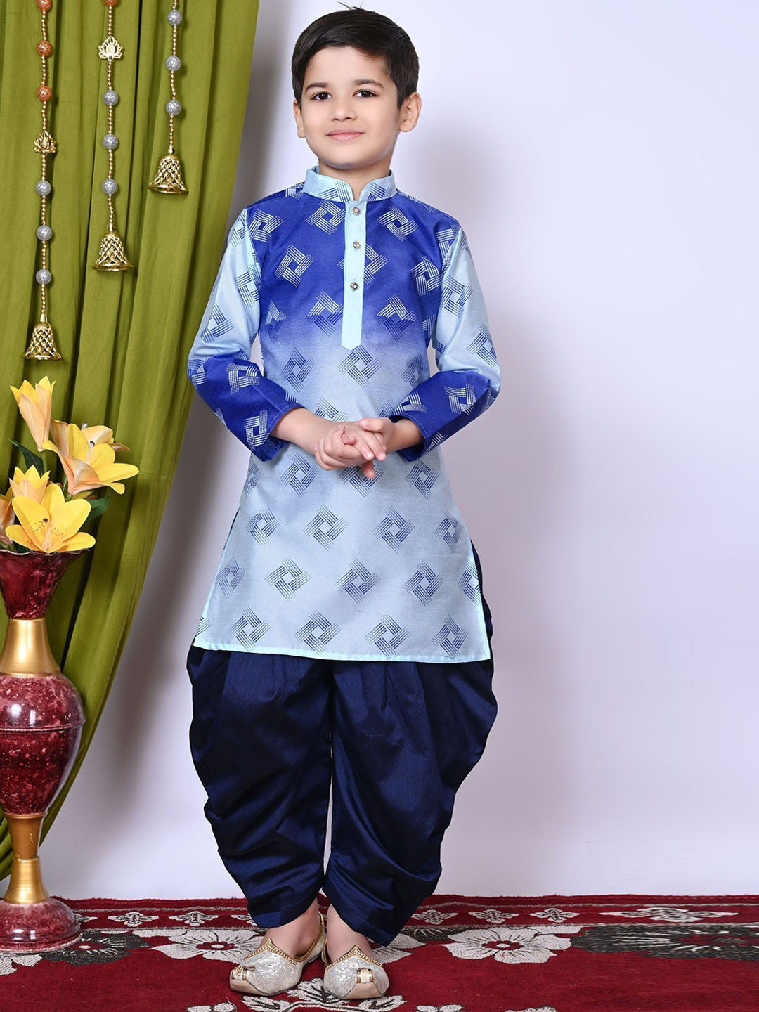 

NFC CREATION Boys Printed Regular Dupion Silk Kurta with Patiala, Turquoise blue