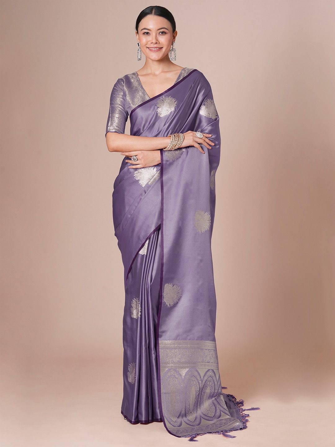 

House of Pataudi Banarasi Woven Design Saree With Blouse Piece, Lavender
