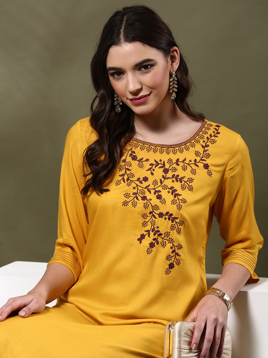 

Alena Women Flared Sleeves Thread Work Kurta, Yellow