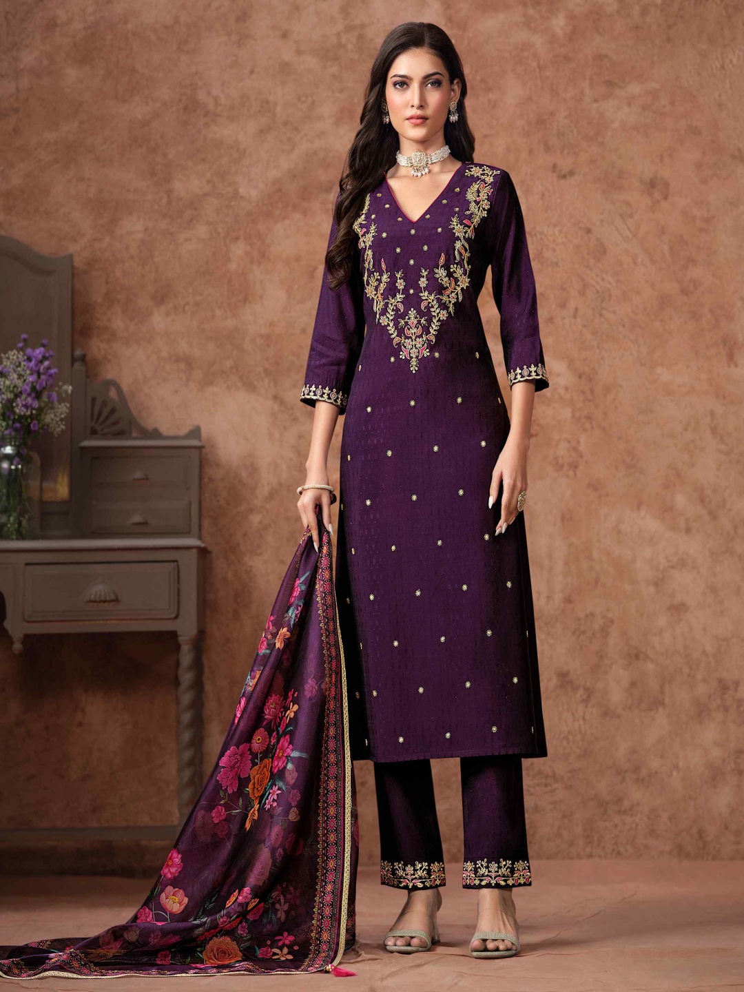 

MOJILAA Women Silk Floral Embroidered A-line Kurta With Pant & Printed Dupatta, Purple