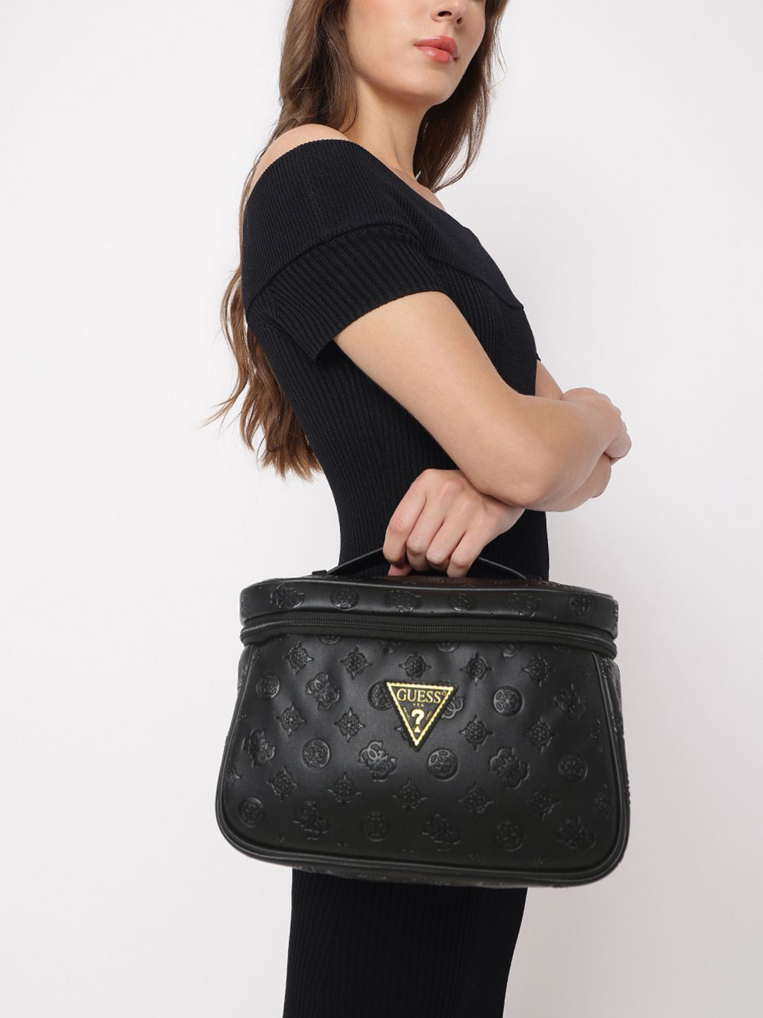 

GUESS Textured PU Structured Handheld Bag, Black