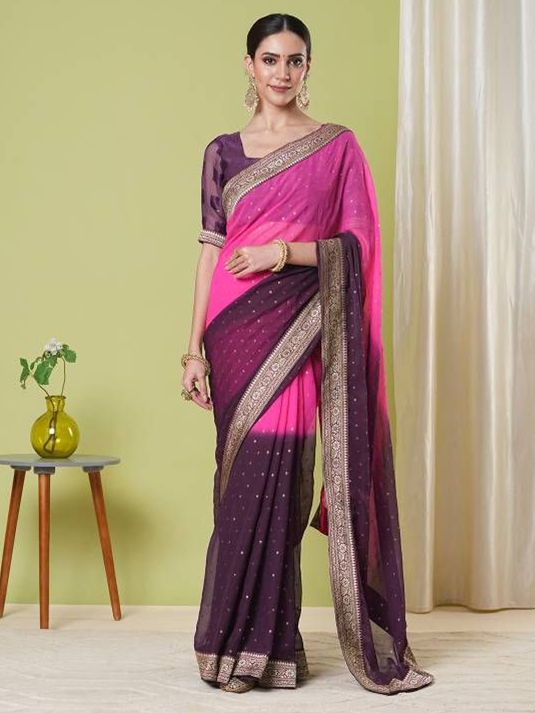 

HERE&NOW Woven Design Zari Poly Georgette Banarasi Saree, Pink