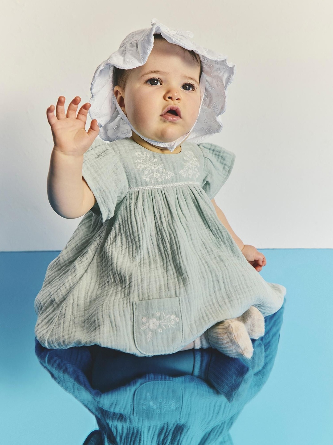 

mothercare Floral Embroidered Flared Sleeve Fit & Flare Dress, Green