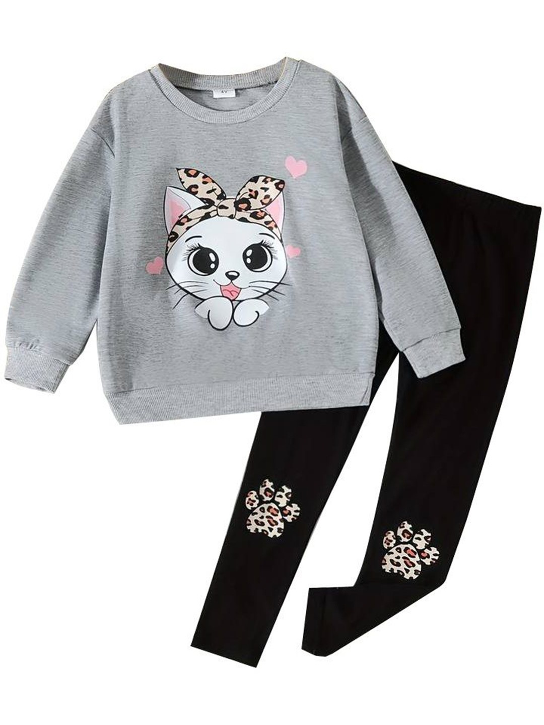 

KEESOR Girls Printed Round Neck Sweatshirt With Leggings, Grey melange