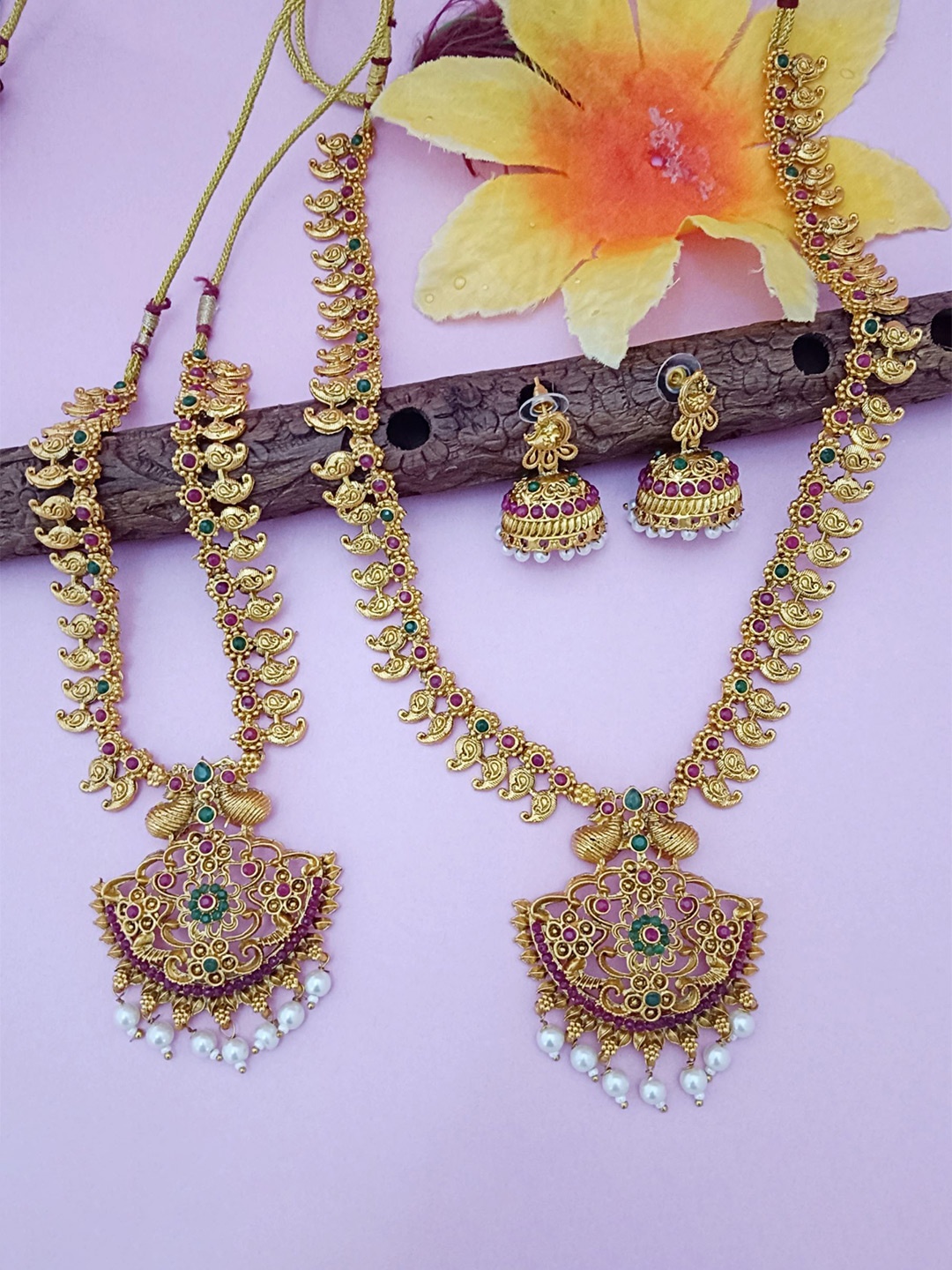 

EVY Set Of 2 Gold-Plated CZ Studded & Beaded Paisley Style Pendant Bridal Jewellery Sets