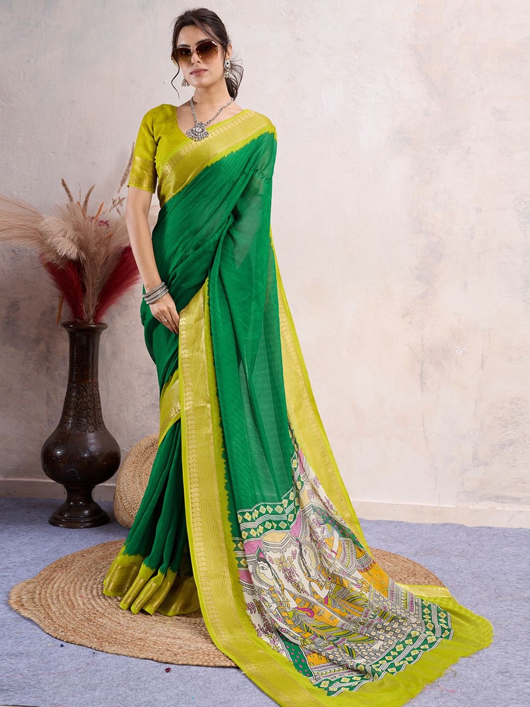 

LeeliPeeri Designer Kalamkari Zari Silk Blend Saree, Green