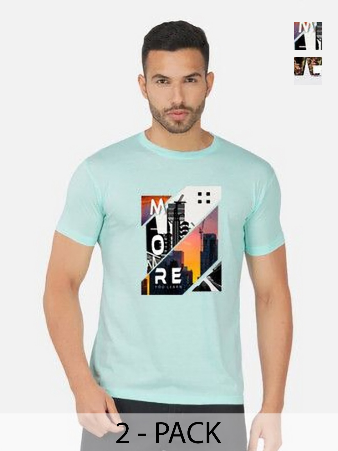 

GLOBAL NOMAD Men 2 Printed Bio Finish Applique T-shirt, Turquoise blue