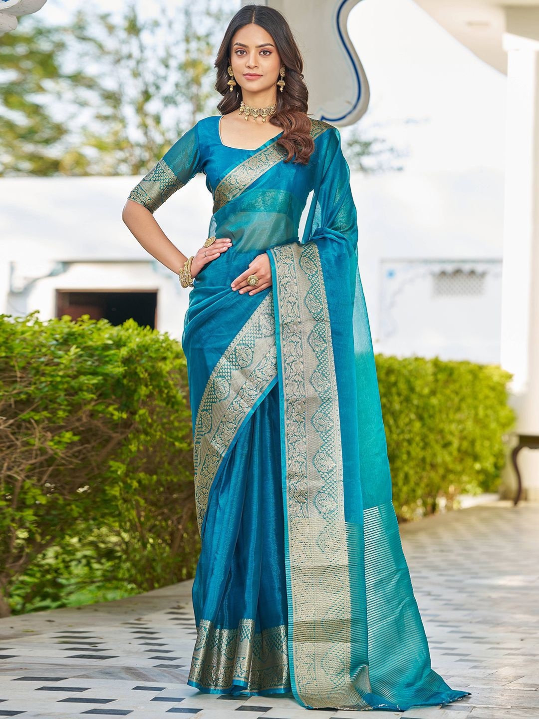 

Mitera Woven Design Zari Organza Banarasi Saree, Blue