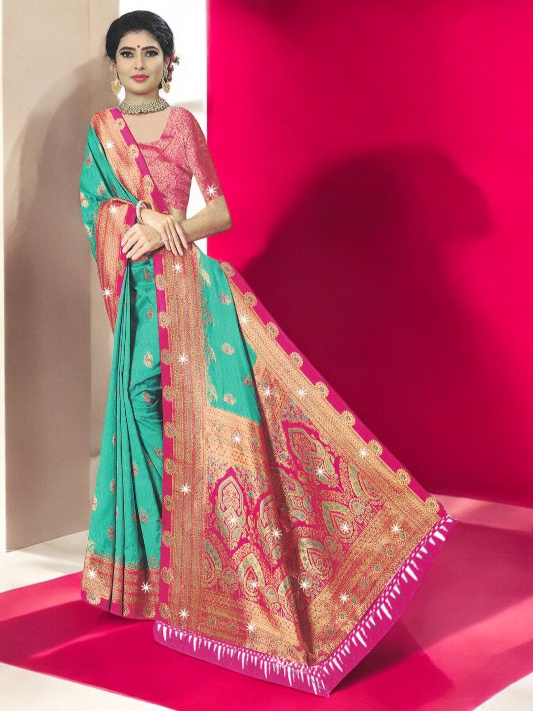 

SHOPPKEE Woven Design Zari Silk Blend Banarasi Saree, Teal