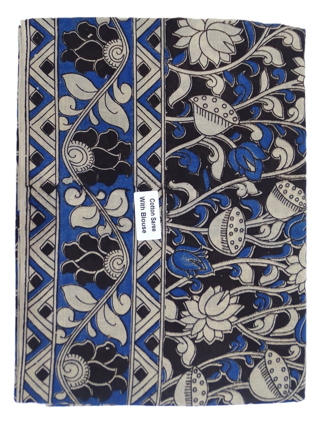 

SR HANDLOOMS AND TEXTILES Kalamkari Pure Cotton Saree, Blue