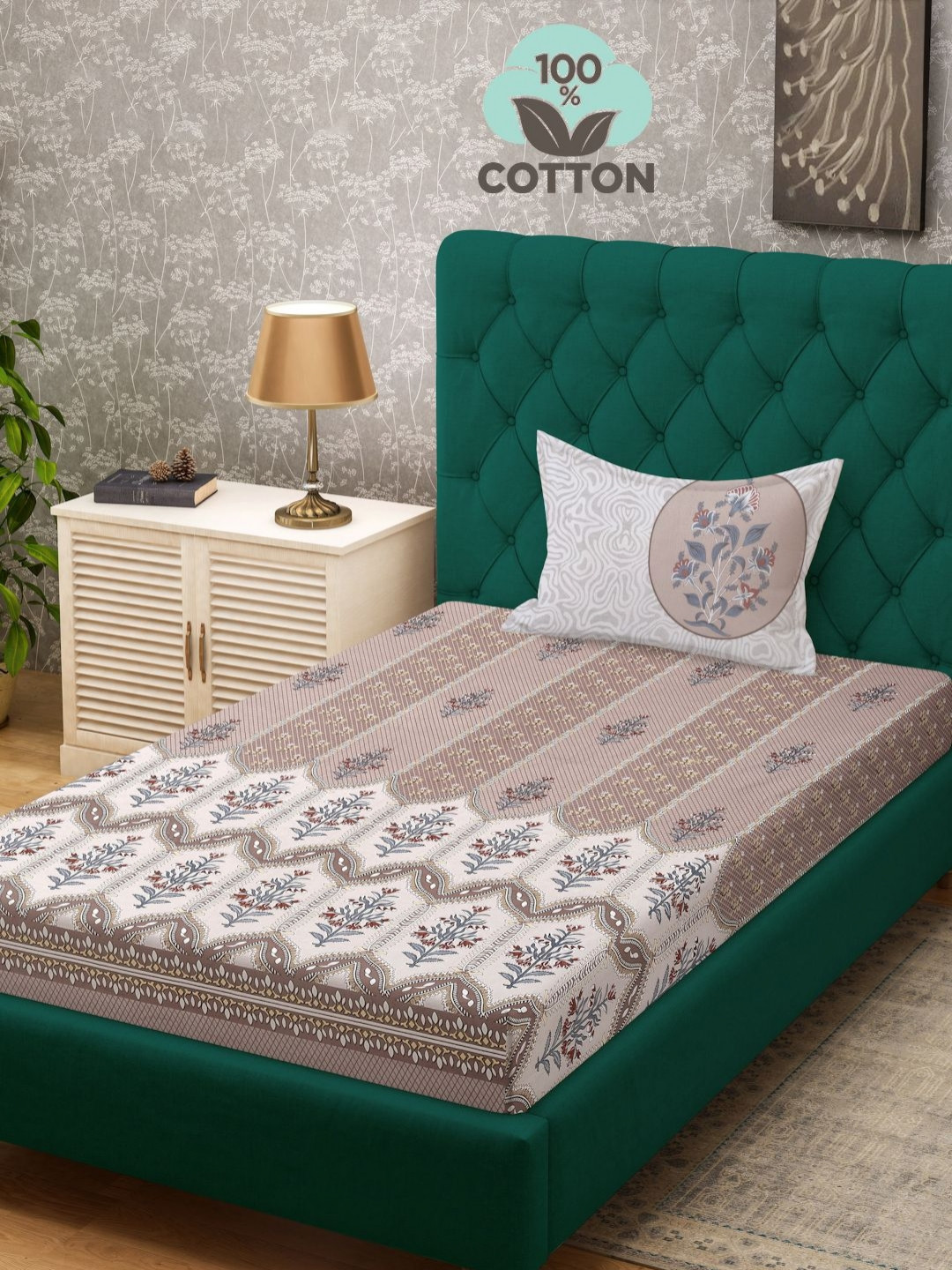 

Myntra Elegant Homes Peach-Coloured & Grey Floral 400 TC Single Bedsheet with 1 Pillow Covers
