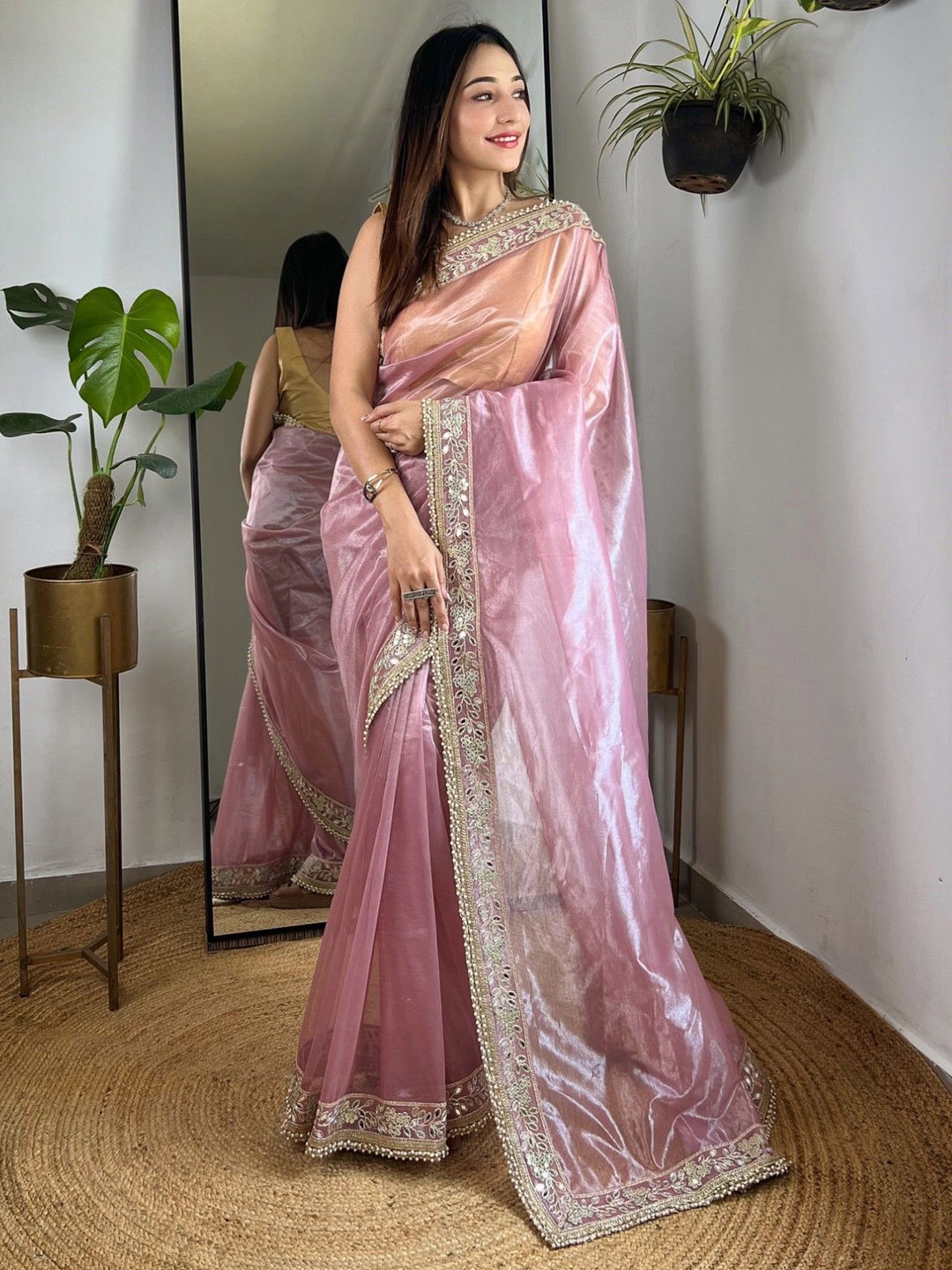 

Mitera Embellished Embroidered Tissue Saree, Pink