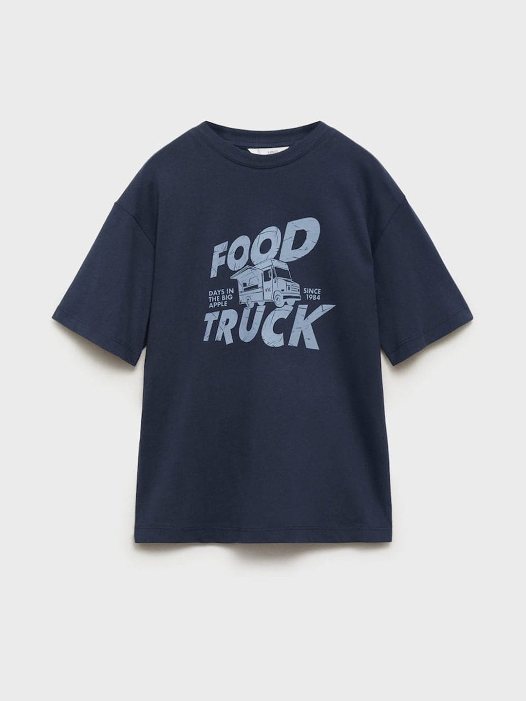 

Mango Kids Boys Typography Printed Drop Shoulder Sleeves T-shirt, Navy blue
