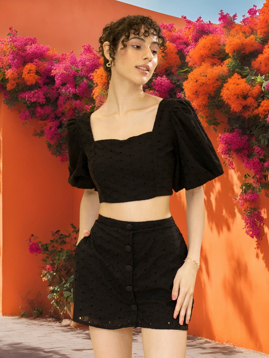 

DressBerry Pure Cotton Schiffli Top & Shorts Co-Ords, Black