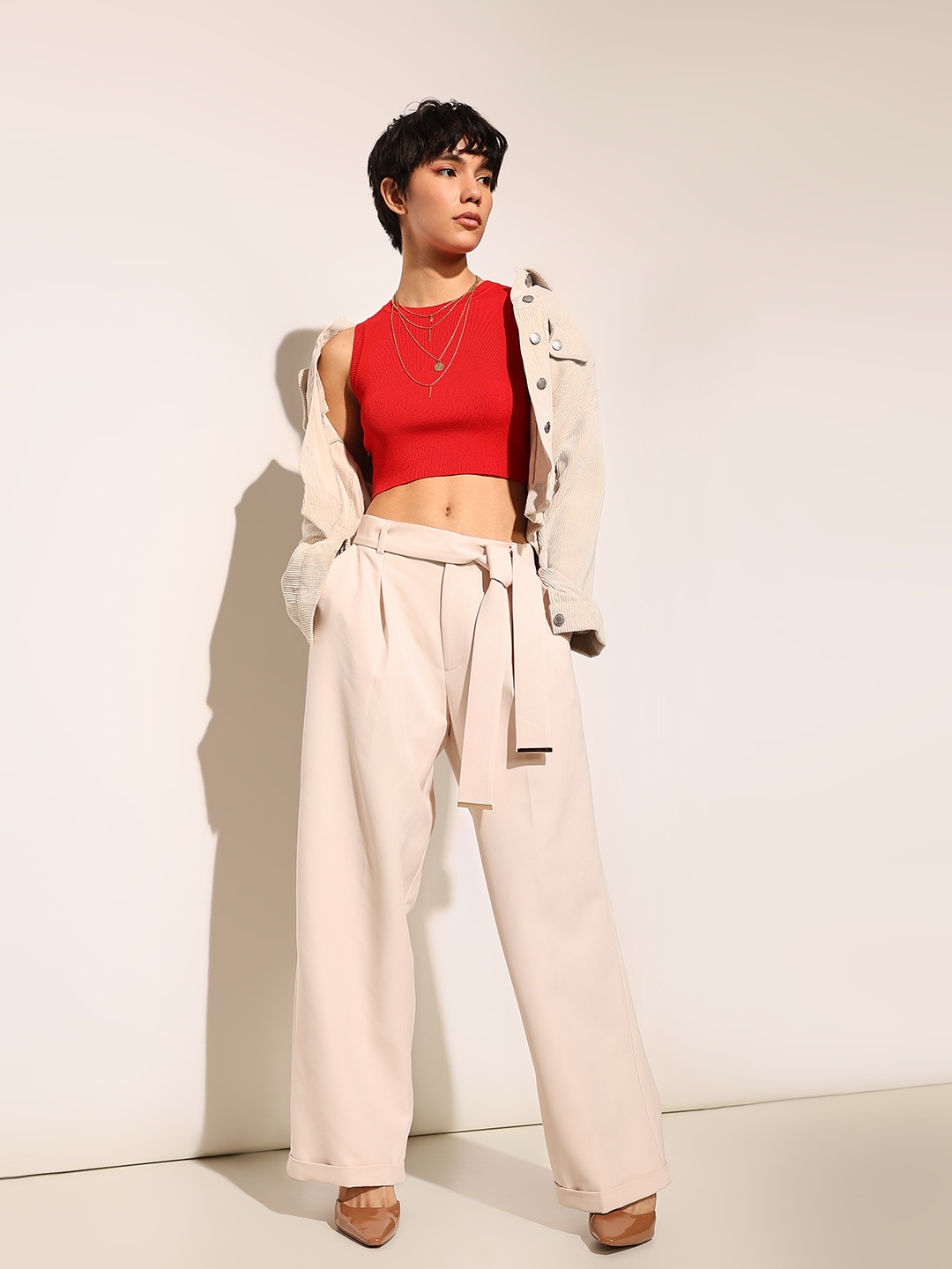 

ONLY Women Straight Fit High-Rise Trousers, Beige