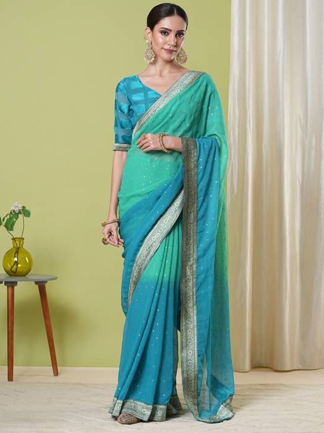 

HERE&NOW Woven Design Zari Poly Georgette Banarasi Saree, Blue