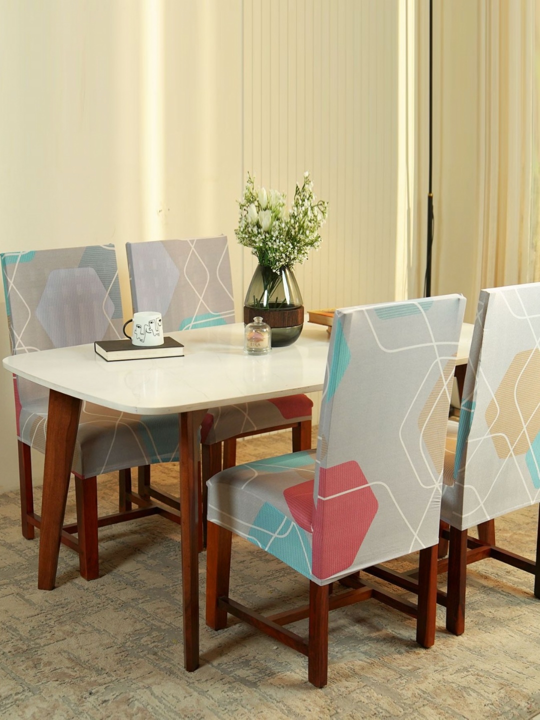 

WOODEN STREET Set Of 4 Grey & Red Printed Chair Covers