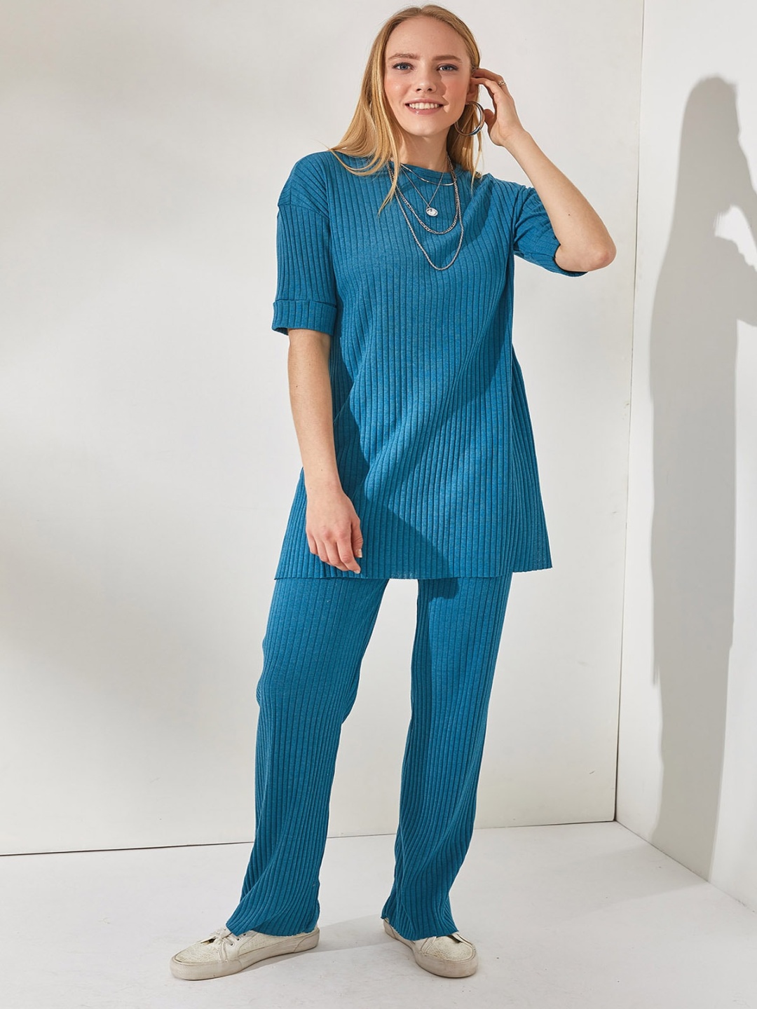 

Olalook Ribbed Round Neck Tunic With Trouser Co-Ords, Blue