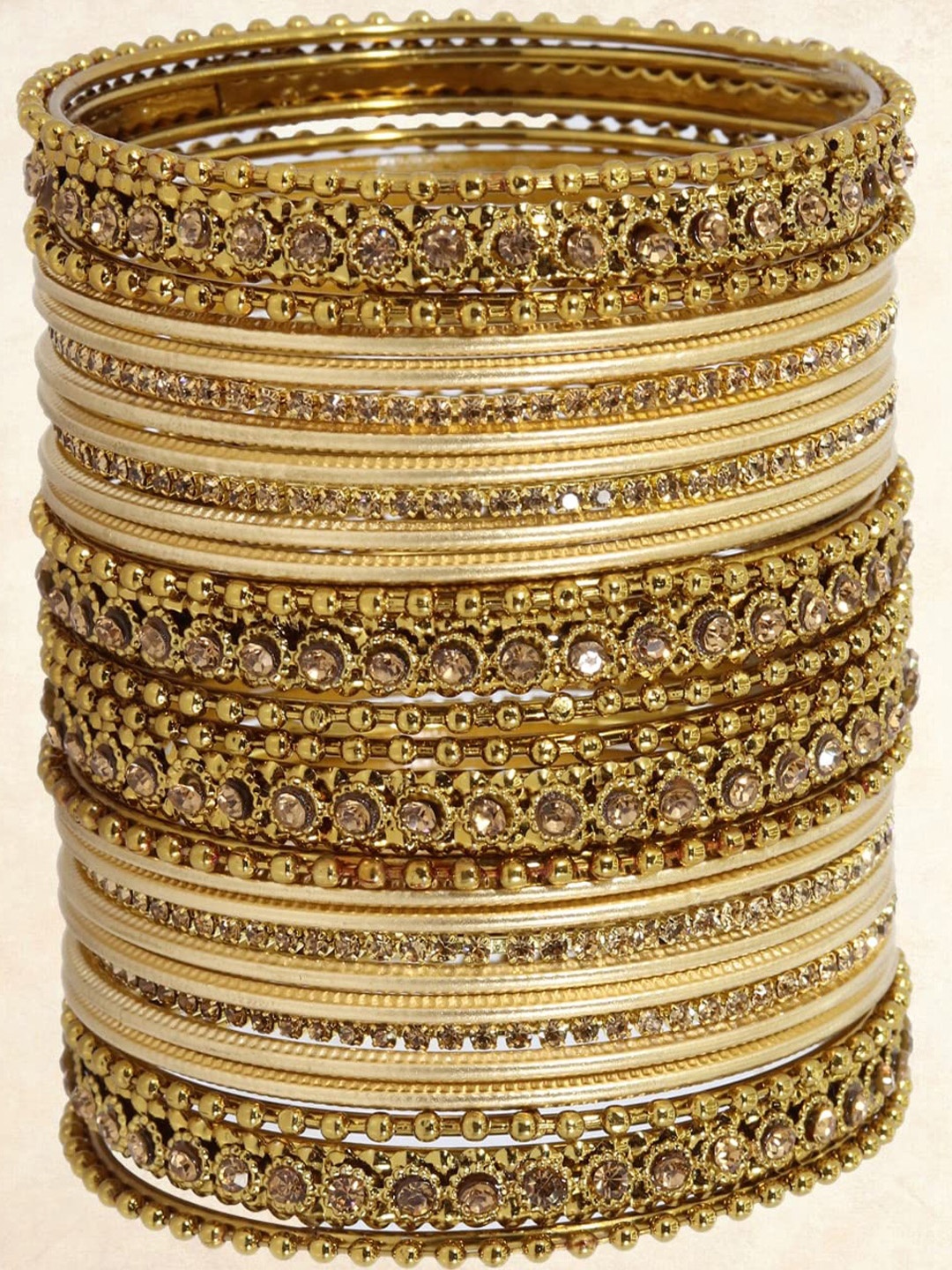 

ZULKA Set Of 28 Metal With Zircon Gemstone Studded Traditional Bangles, Beige