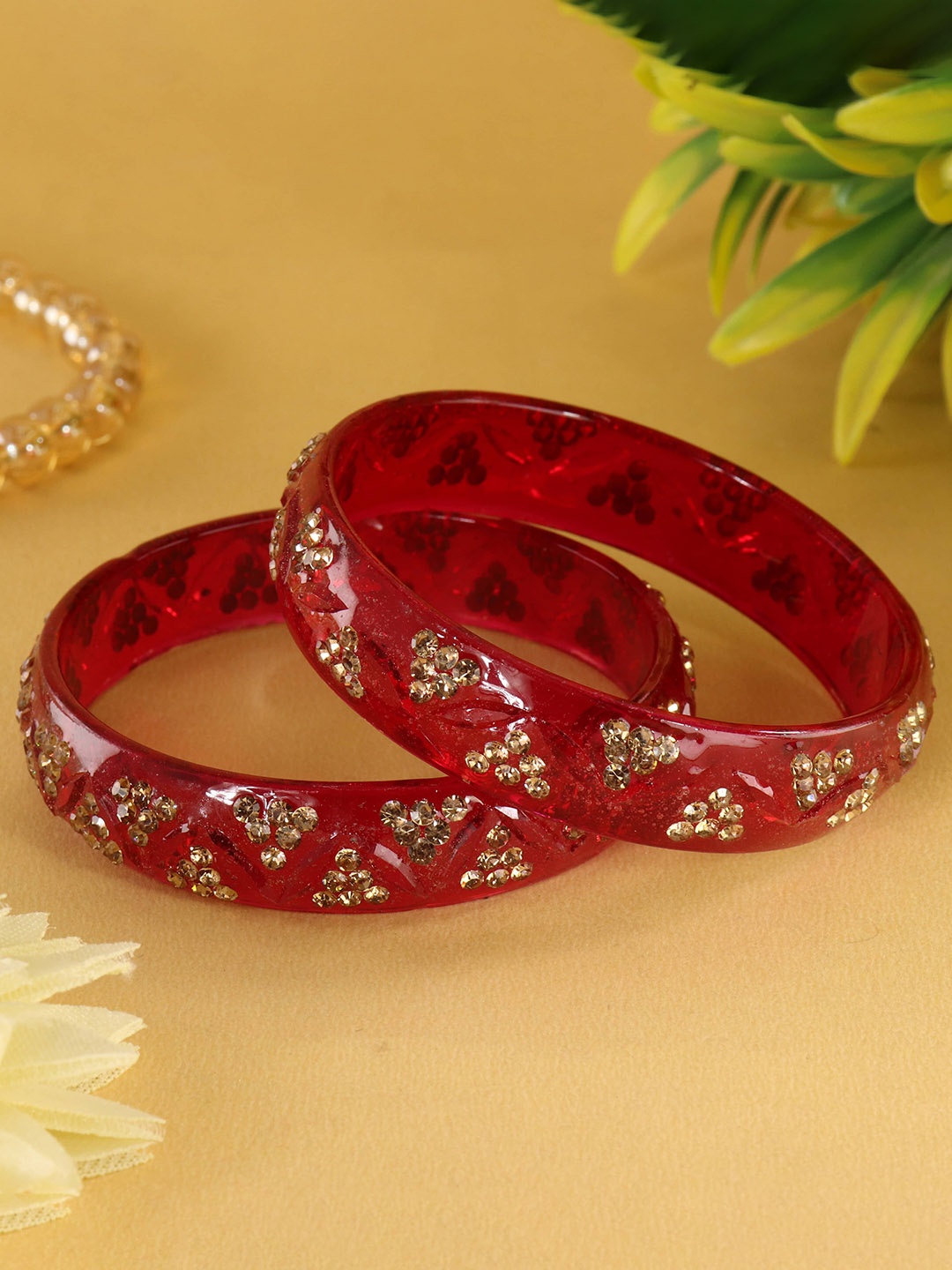 

LAVAZZA Set Of 2 Crystals-Studded Glass Bangles, Red
