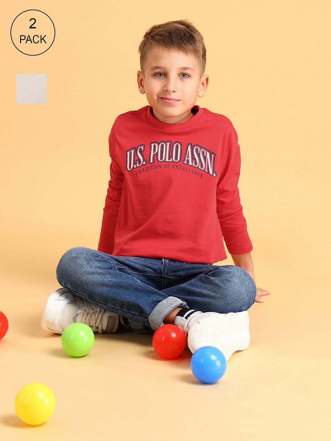 

U.S. Polo Assn. Kids Boys Set of 2 Brand Logo Printed Pure Cotton T-shirts, Red