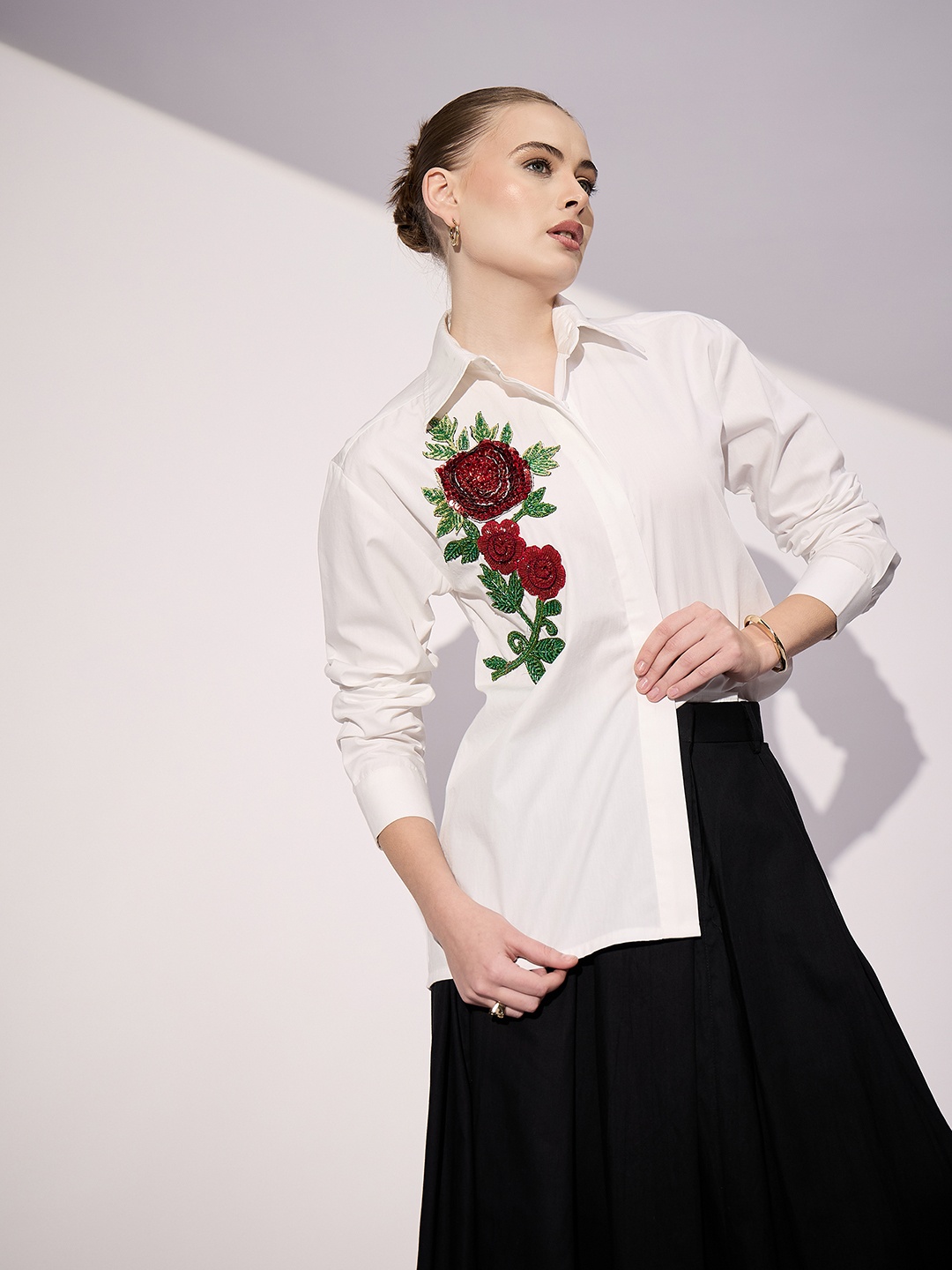 

Uptownie Sequinned Applique Cotton Shirt, White