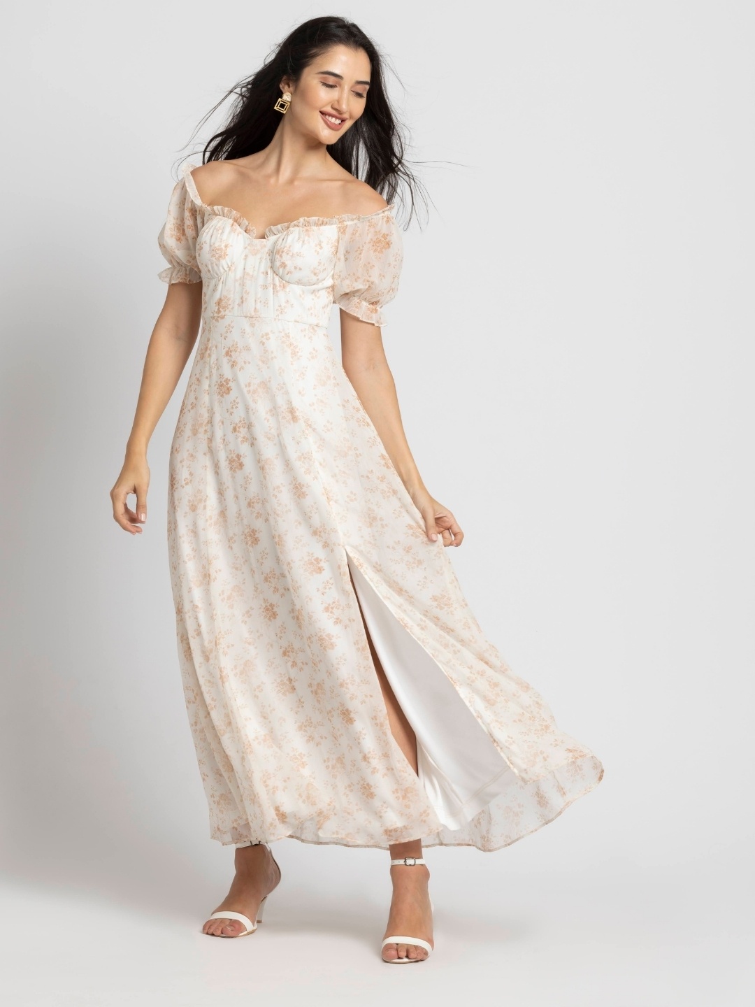 

JULO Floral Print Off-Shoulder Puff Sleeve Chiffon Maxi Dress, Cream