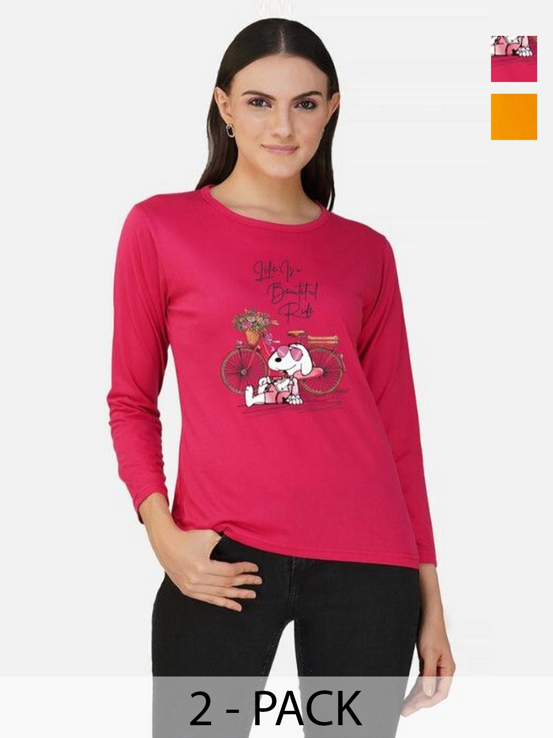 

Metronaut Women 2 Printed Bio Finish Applique T-shirt, Mustard