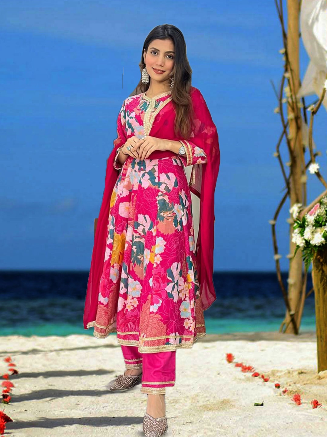 

NKV Floral Printed Mirror Work Chanderi Silk A-Line Kurta with Dupatta, Red