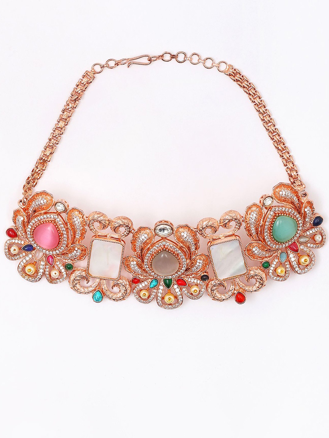 

Exotic India Rose Gold Color Floral Choker & Earrings Set With Multicolor Stone