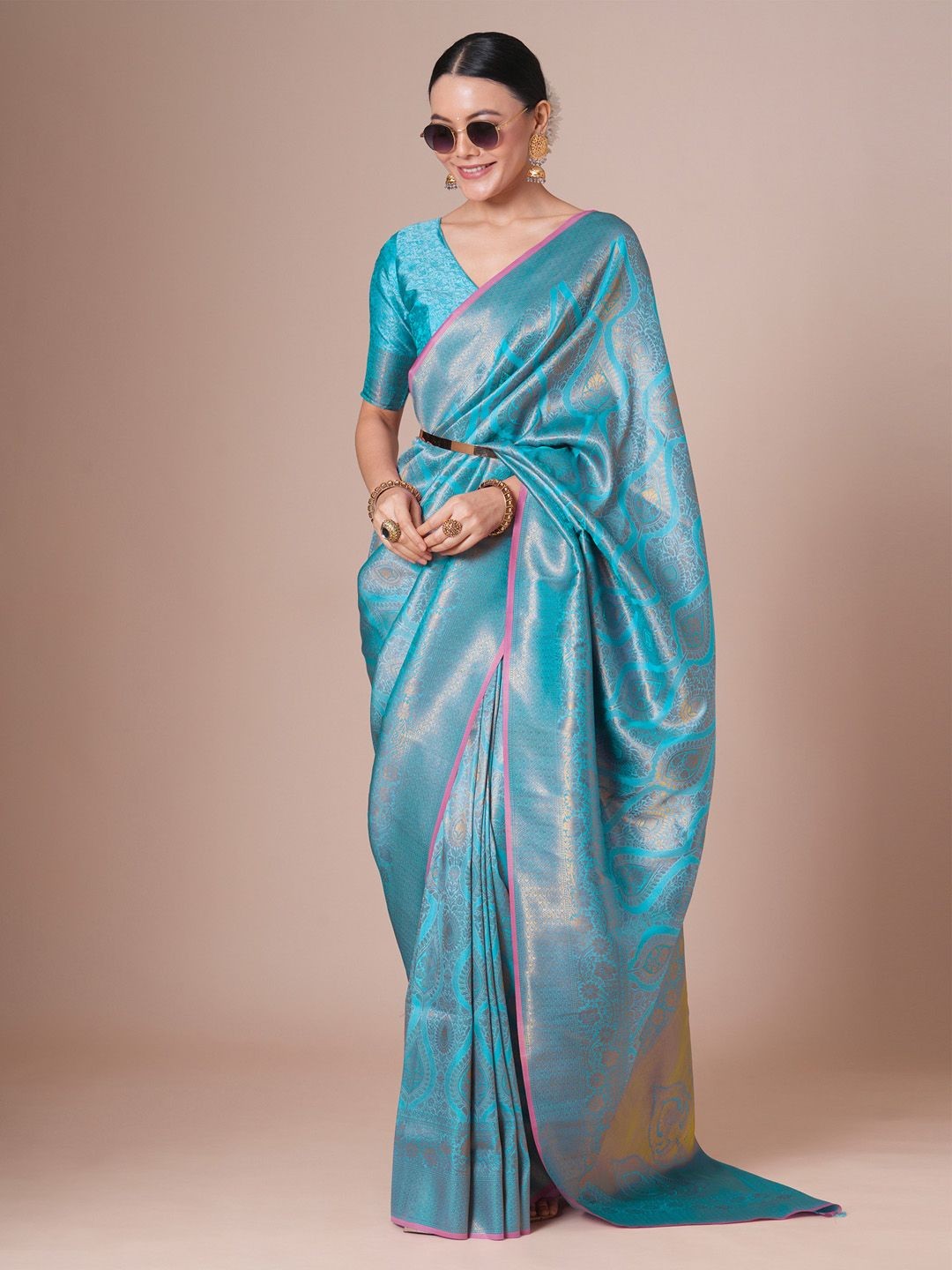 

House of Pataudi Kanjeevaram Woven Design Saree With Blouse, Blue