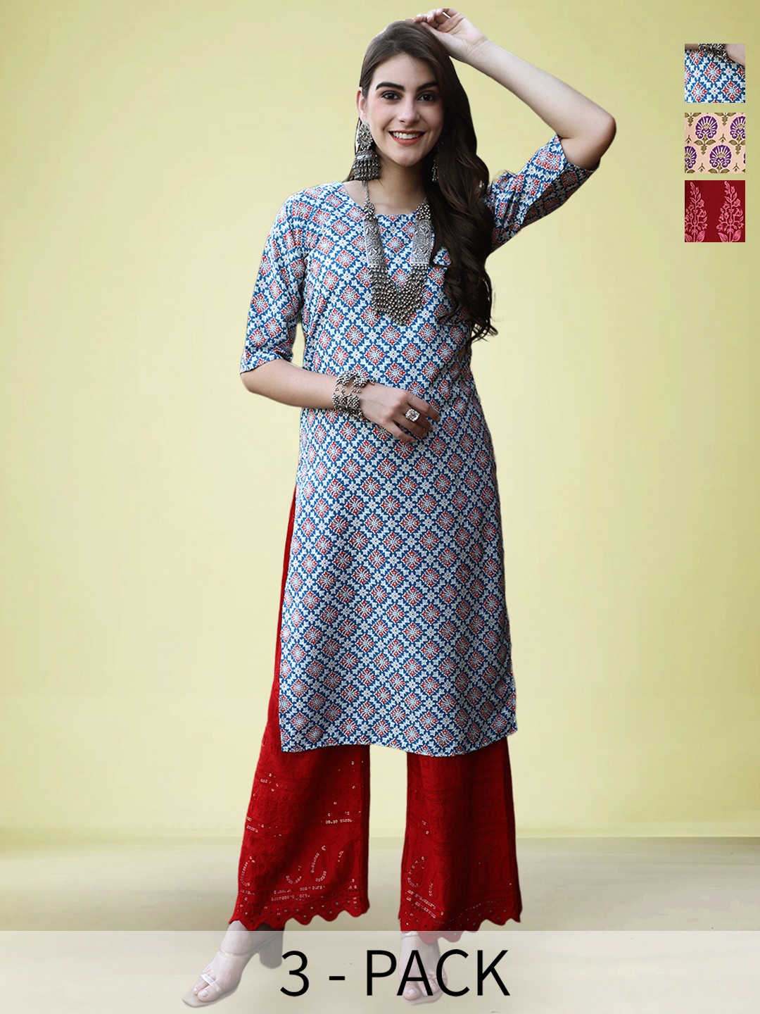 

Moda Rapido Selection Of 3 Floral Printed Round Neck Straight Kurtas, Blue