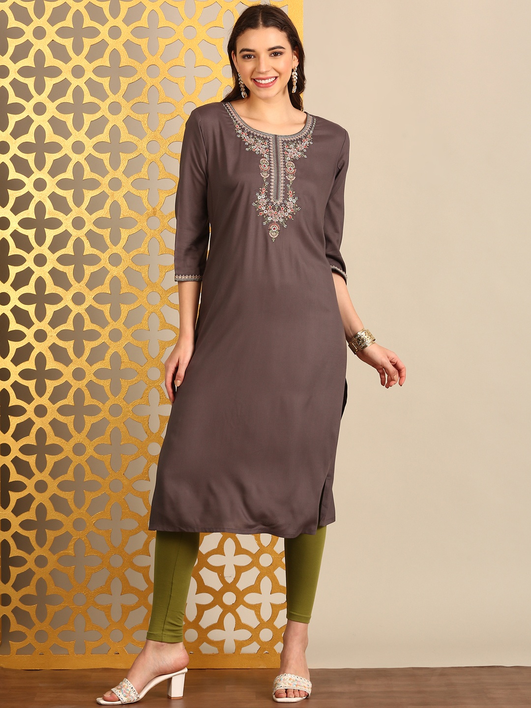 

Alena Women Floral Embroidered Flared Sleeves Thread Work Kurta, Steel