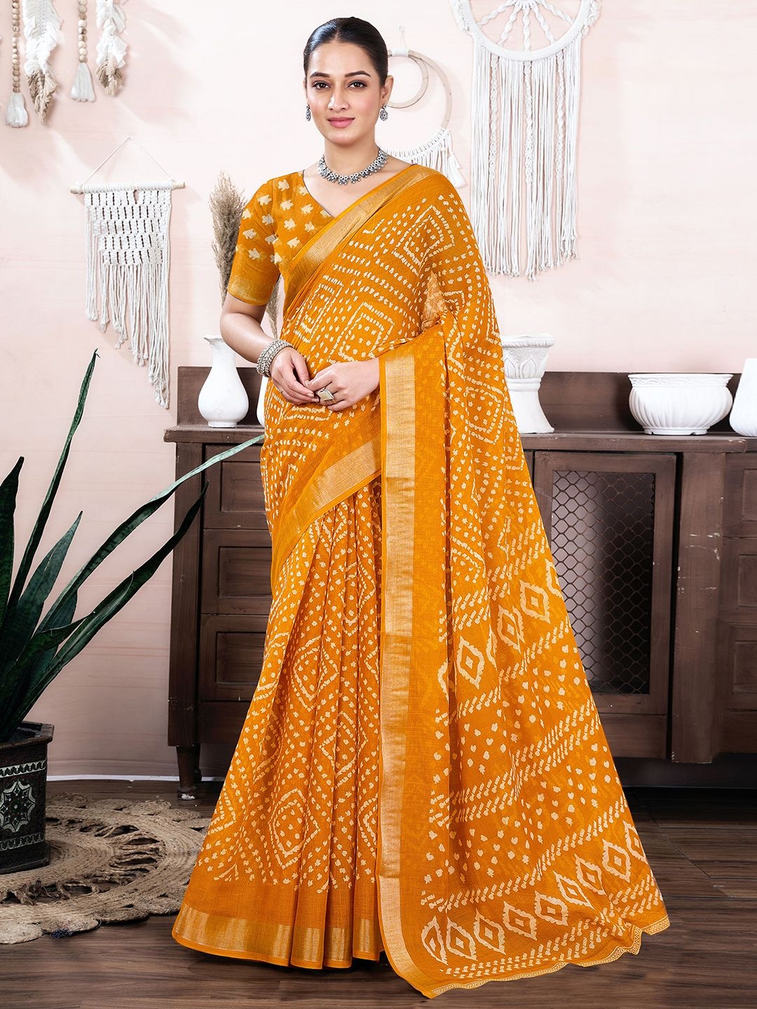 

KALINI Zari Bandhani Saree, Yellow