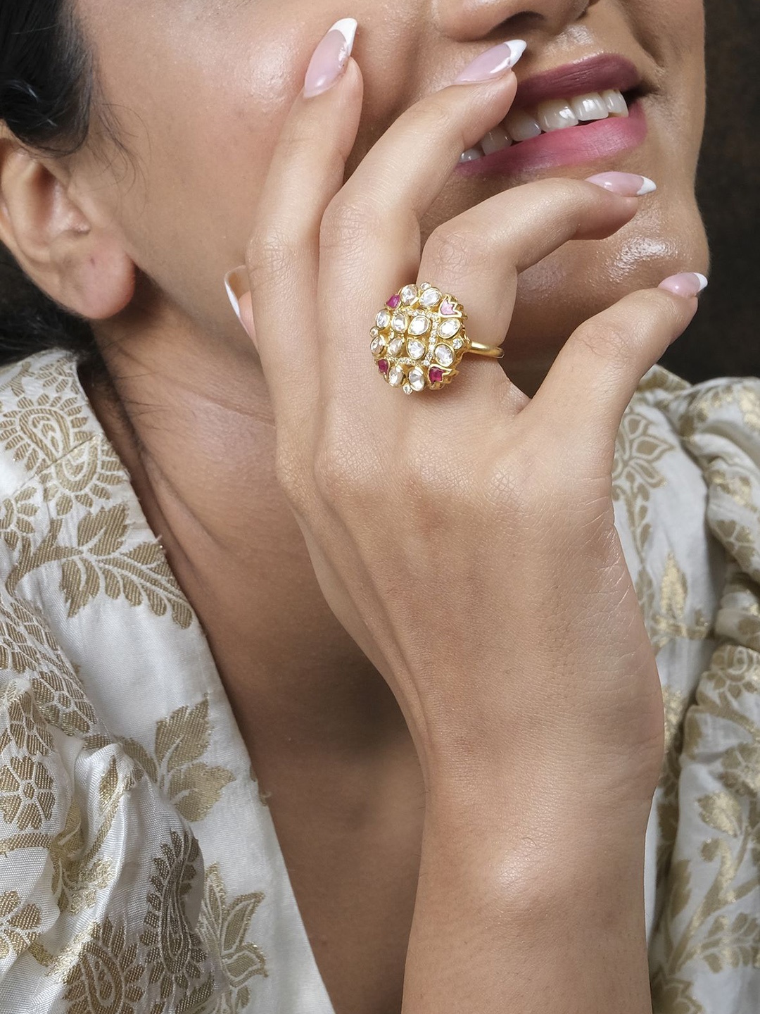 

Sica Jewellery Gold-Plated Kundan-Studded Moissanite Polki Lotussutra Finger Ring