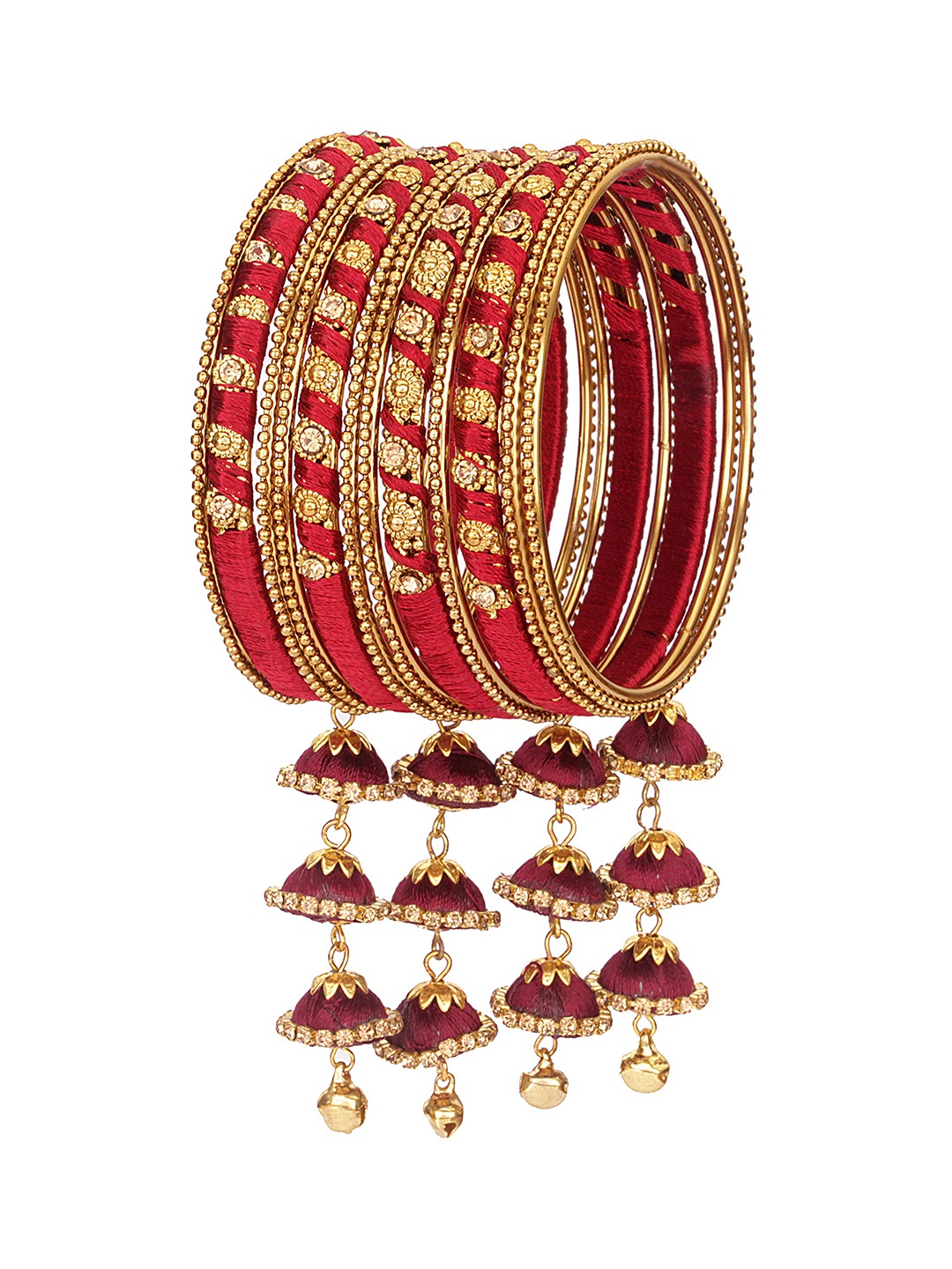 

ZULKA Set Of 12 Metal With Silk Thread Latkan & Stone Studded Bangles, Gold