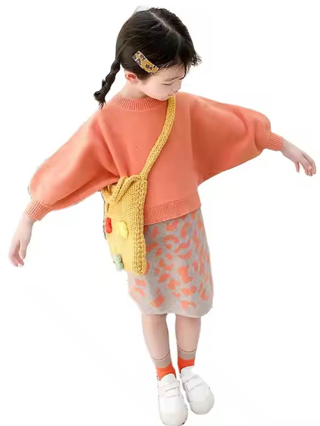 

Xsole Girls Long Sleeves Round Neck Top with Skirt, Orange