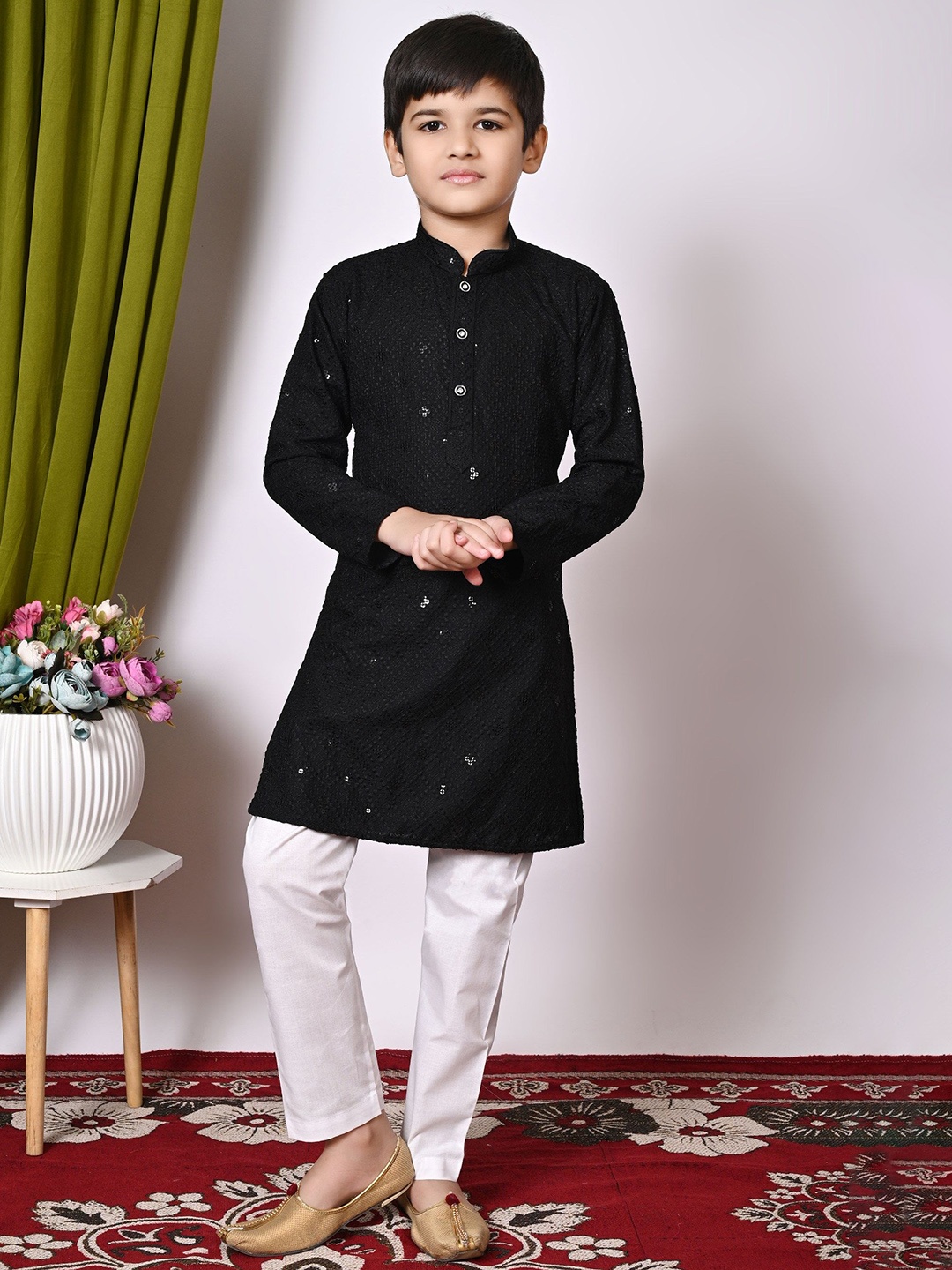 

NFC CREATION Boys Embroidered Regular Sequinned Kurta with Pyjamas, Black