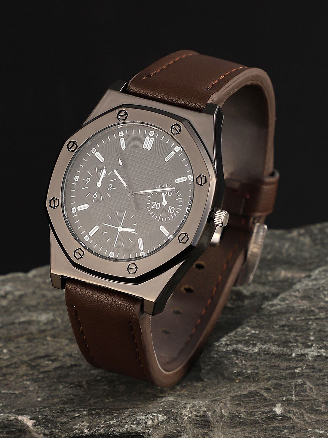 

French Accent Men Dial & Leather Bracelet Style Straps Analogue Watch SS25_FAWC1046, Brown