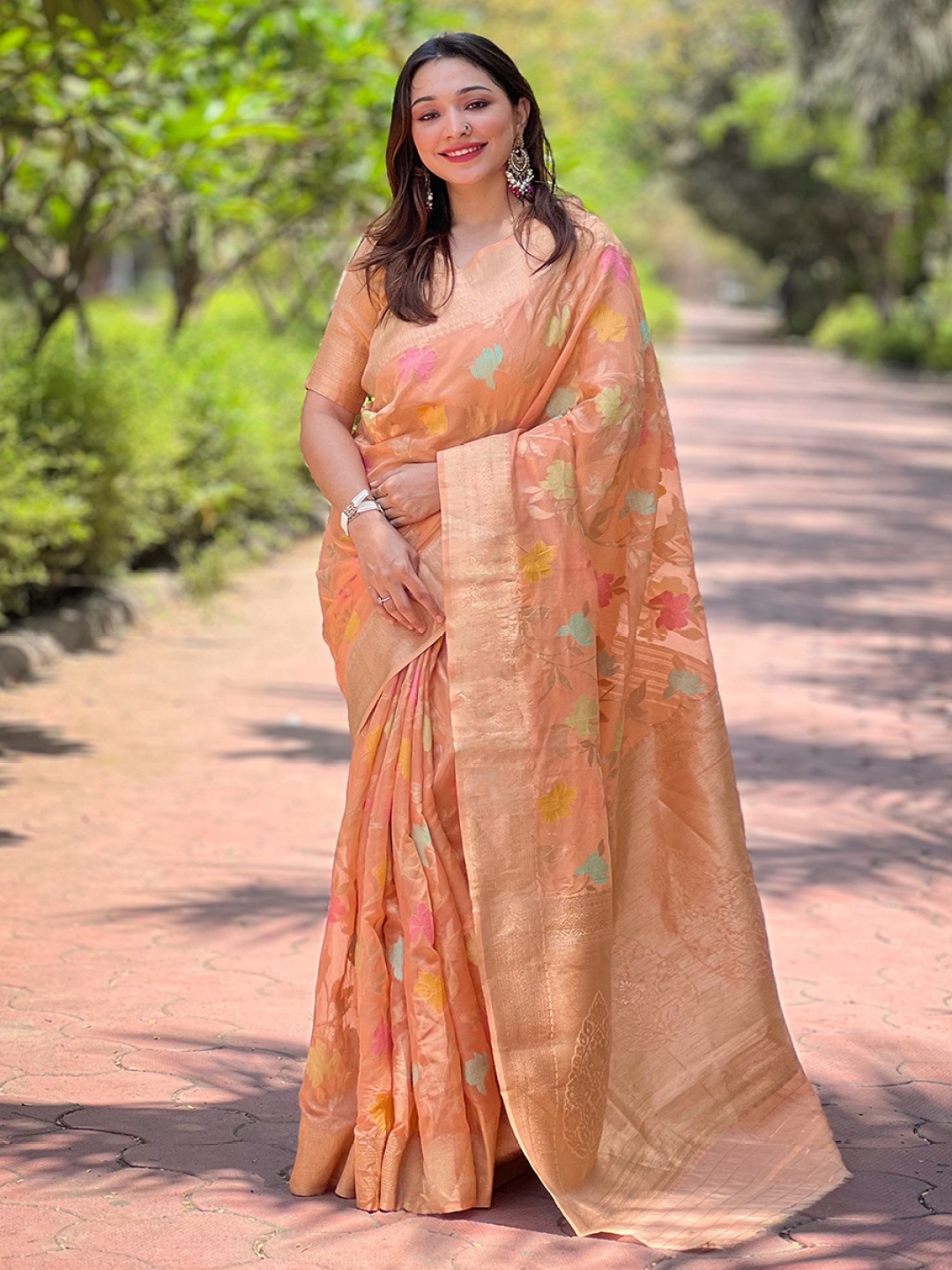 

all about you Woven Design Zari Silk Blend Banarasi Saree, Peach
