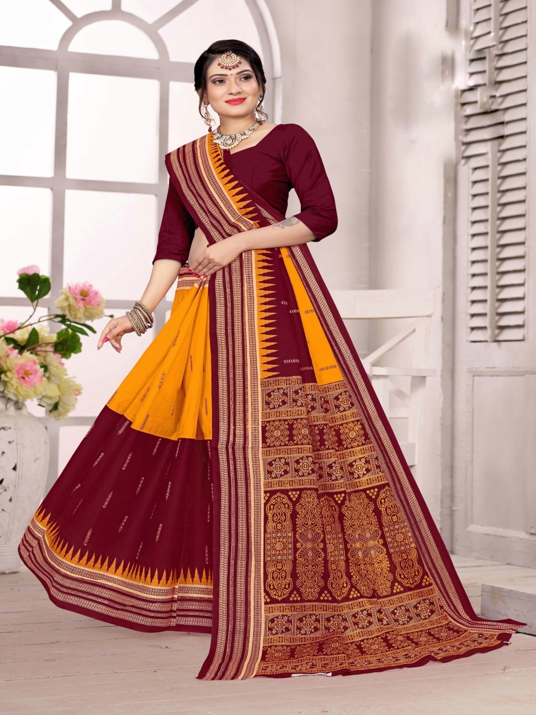 

pasapalli Ethnic Motifs Pure Cotton Sambalpuri Saree, Orange