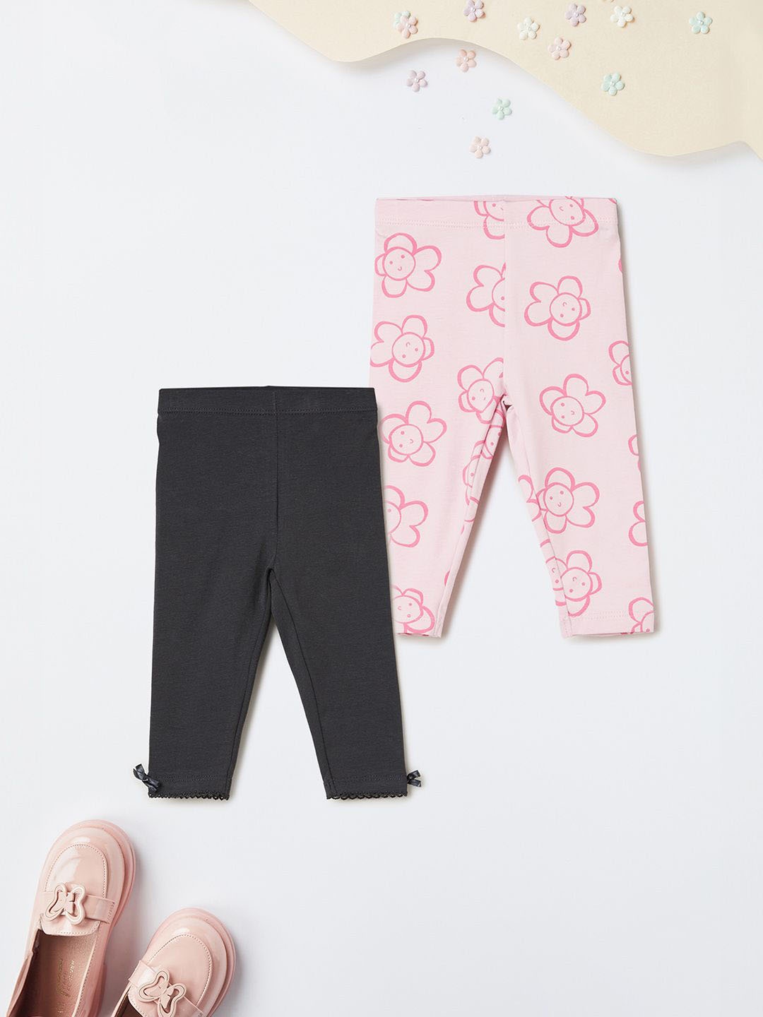 

max Infant Girls Pack Of 2 Printed Pure Cotton Mid-Rise Ankle-Length Leggings, Pink