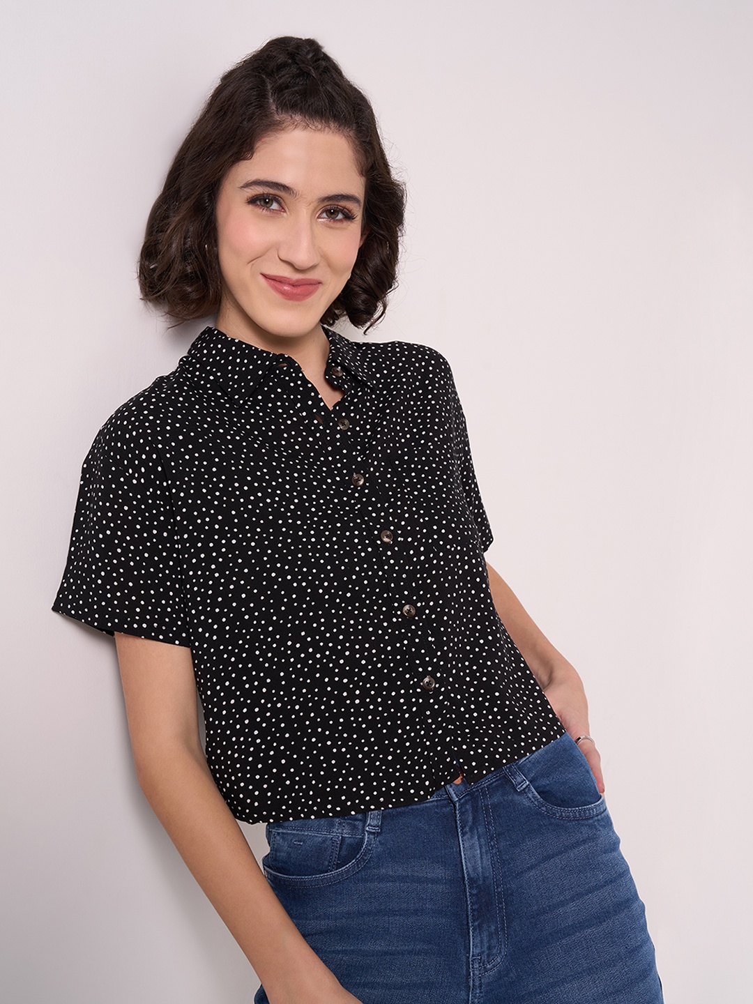 

SF JEANS by Pantaloons Polka Dot Print Shirt Style Top, Black