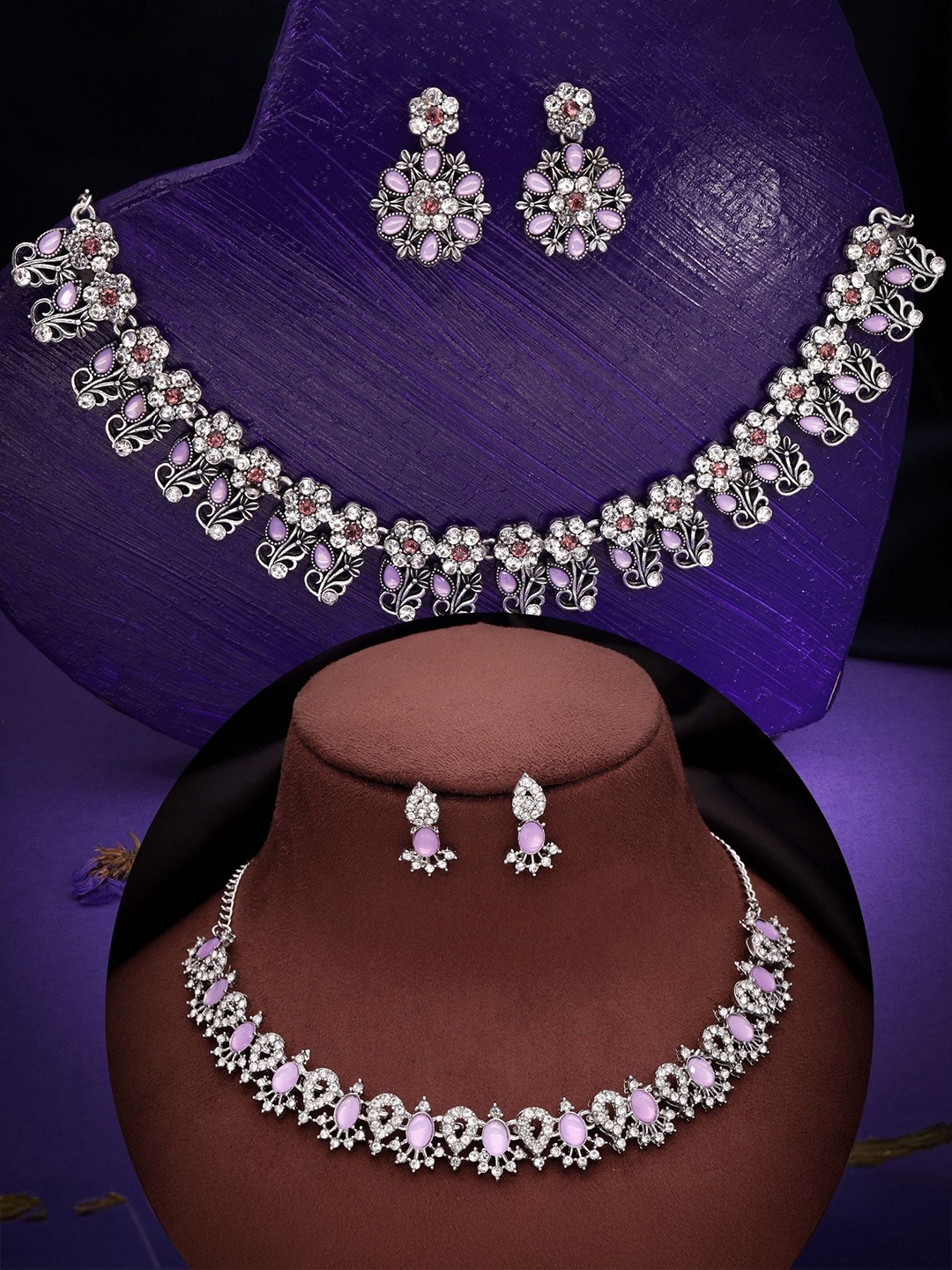 

DIVASTRI Set Of 2 Silver-Plated American Diamond-Studded Jewellery Sets