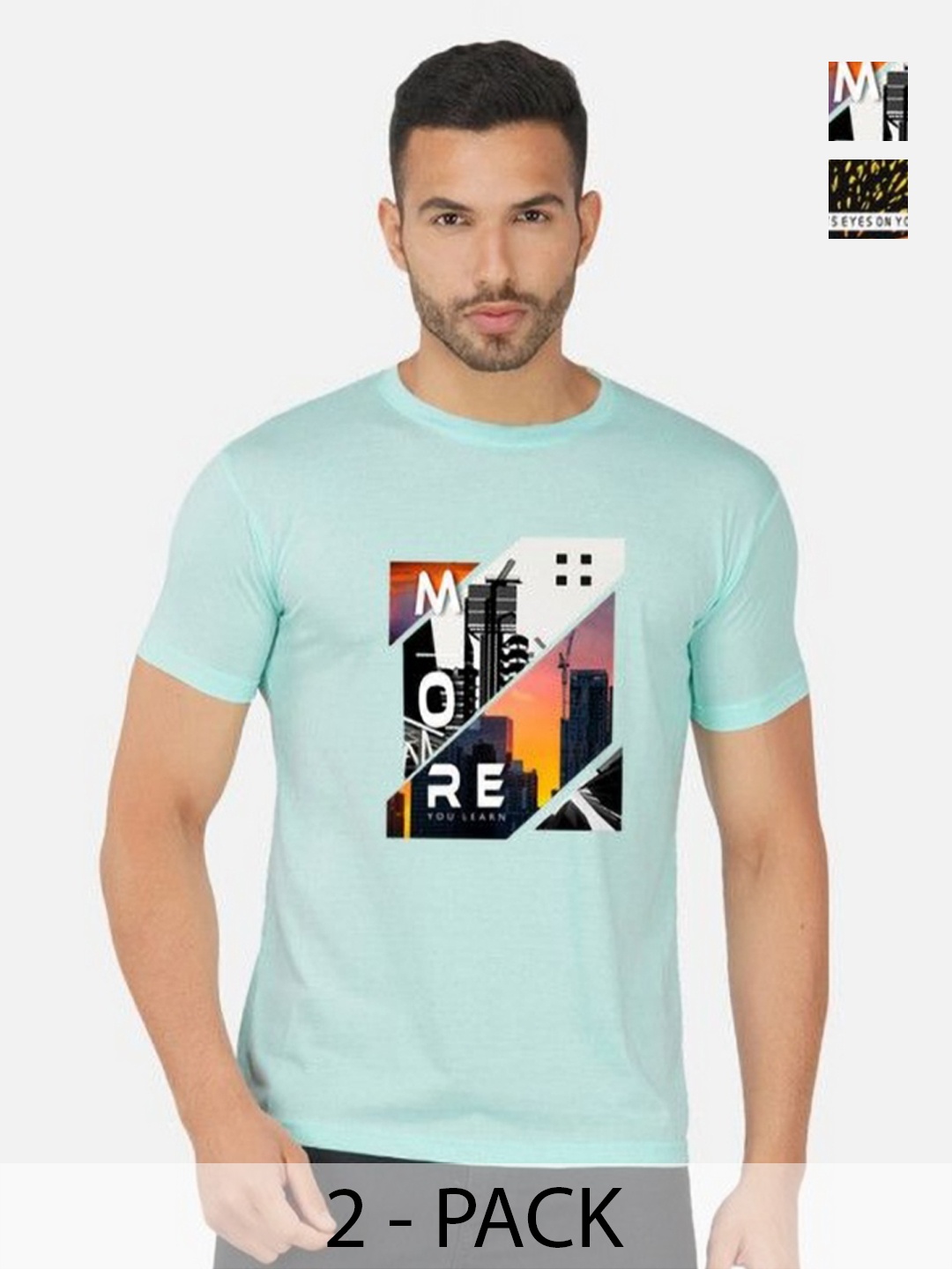 

GLOBAL NOMAD Men 2 Printed Bio Finish Applique T-shirt, Turquoise blue